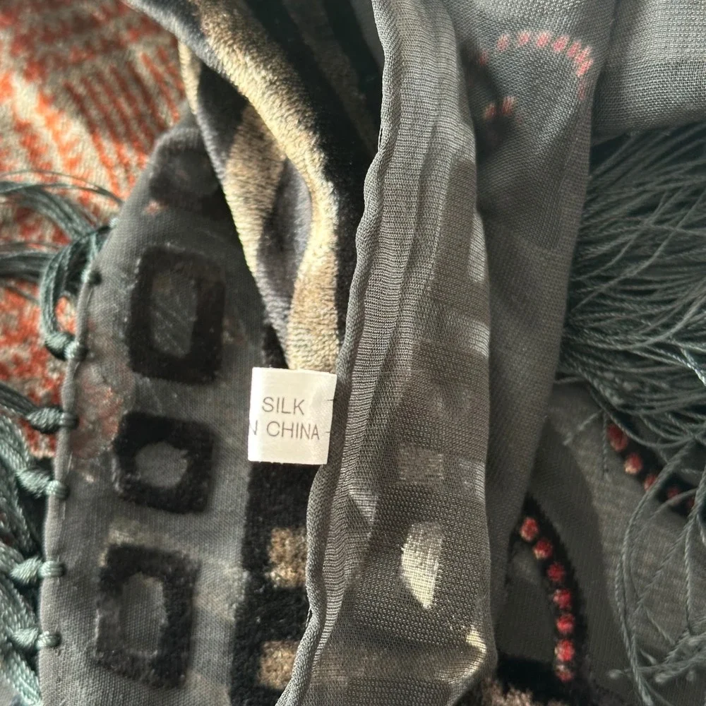 Vintage Silk Burnout Velvet Patchwork Floral Fringe Scarf Shawl Black Red Gold